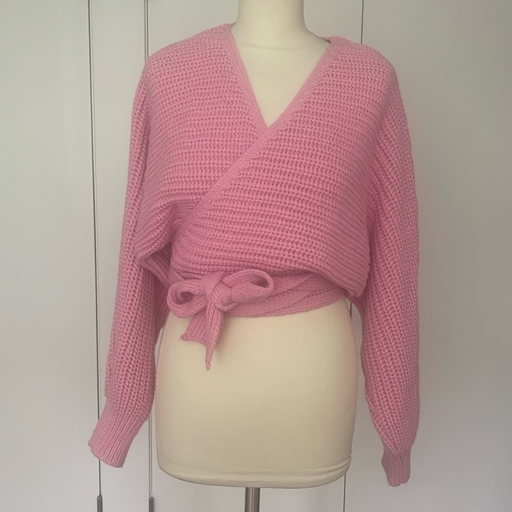 Zara Sweater Chunky Oversized Pink Cardigan V Neck Tie Wrap Size Small